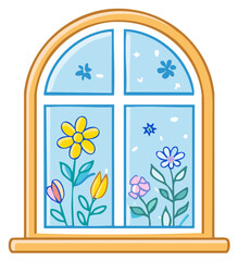 Obraz premium Cute cartoon arched window with a view of a colorful spring flower garden
