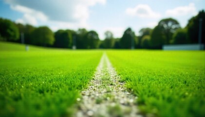 Cricket boundary marker on a vast green outfield A wide angle shot of a perfectly manicured, expansive green cricket outfield. In the foreground, a crisp white boundary marker line is clearly visible,