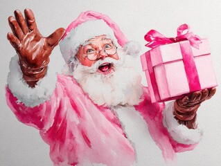 Cheerful Pink Santa Claus Watercolor Painting Holding Gift, Festive Holiday Celebration, Christmas Cheer and Joy