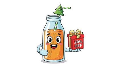 Cheerful Juice Promotion: Animated juice bottle joyfully presents a 20% Off gift box, evoking a sense of festive cheer and bargain.