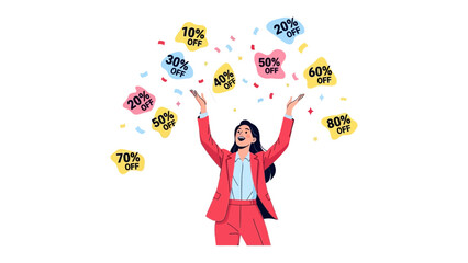 Discount Deals Delight: A joyful figure is reaching up to seize falling percentage discounts, as celebration of special offer event. Capturing the thrill of saving and shopping.
