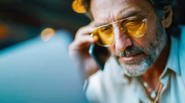 Portrait of a mature man on a phone call while working on a laptop, symbolizing focus, communication, and modern business lifestyle - Powered by Adobe