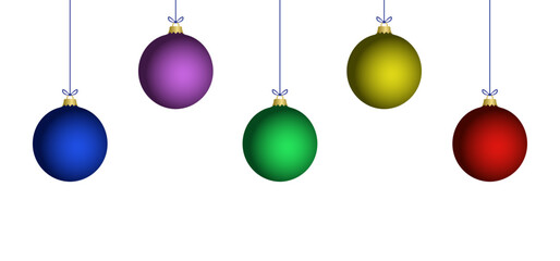 Christmas 3d purple, blue, red hanging balls set vector illustration. Merry christmas baubles collection to use for christmas card, greetings, xmas, winter holiday, new year projects. 