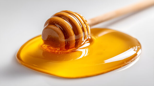 Golden honey drizzled on a wooden dipper with a glossy surface and soft lighting ambiance