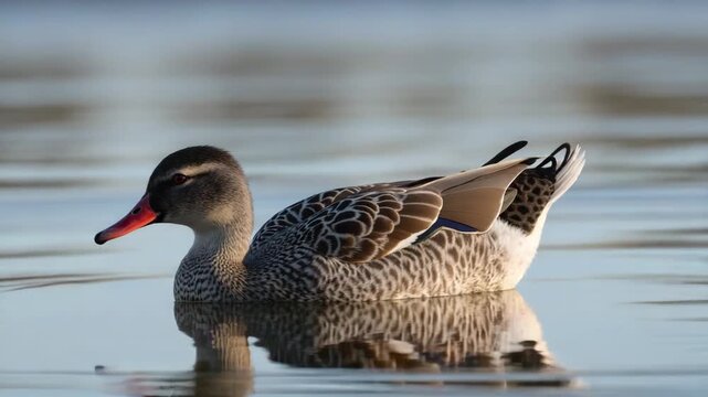 A close-up of a wild duck with a bright red beak swimming in calm water. Its uniquely patterned feathers are reflected in the surface, creating an atmosphere of tranquility and natural harmony.