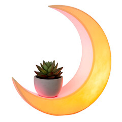 Illuminated crescent moon shelf holding a small potted succulent isolated on transparent background