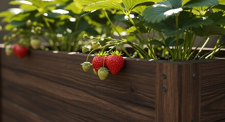 Close-up of lush strawberry plants with ripe and unripe fruits in a wooden planter box