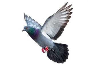 Obraz premium Close-up of a pigeon in mid-flight with wings fully extended, isolated on a white background