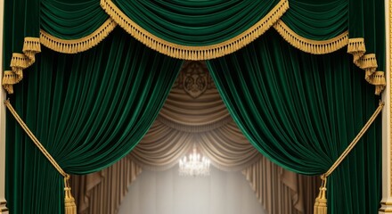 Elegant Stage Curtains Background - Luxurious velvet curtains with gold trim, perfect for theatrical backdrops and elegant events