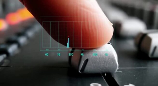 Close-up of a finger adjusting a fader on a sound mixer with a digital equalizer graph overlay.