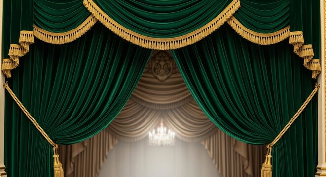 Elegant Stage Curtains Background - Luxurious velvet curtains with gold trim, perfect for theatrical backdrops and elegant events
