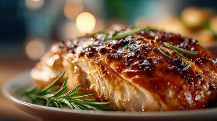 Juicy roasted turkey breast served with herbs and festive sides on a dinner table