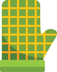 Kitchen oven mitt with green and yellow checkered pattern providing hand protection while handling hot cookware