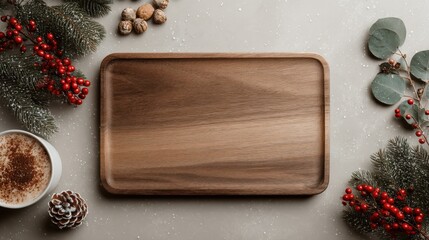 Festive Holiday Mockup with Wooden Tray, Berries, Pine, and Coffee Ready for Your Design