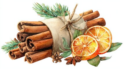 Watercolor Illustration of Cinnamon Sticks, Orange Slices, and Evergreen Sprigs for Holiday Season Decorations