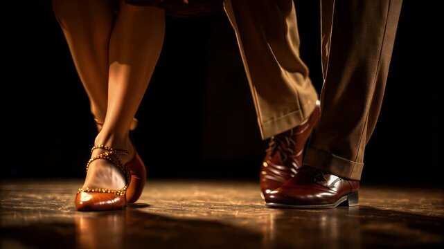 Tango feet dance couple elegance rhythm on stage under spotlight with leather brown motion and passion in romantic vintage night performance