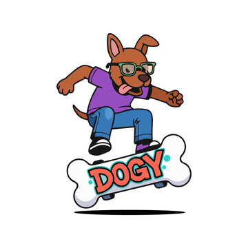 Cartoon dog skateboarding on a bone-shaped board with the word DOGY on it.