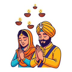 A devout Sikh couple in traditional Punjabi attire with hands joined in prayer, celebrating a festival of lights like Gurpurab or Diwali