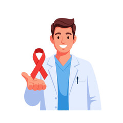 Friendly male doctor holding a red ribbon, a powerful symbol of global AIDS awareness, prevention, and essential healthcare support, promoting community health