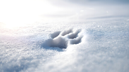 Animal paw print in fresh snow with sunlight illuminating the winter landscape and textures