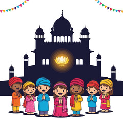 Multicultural children celebrate Diwali, standing before a mosque and lotus