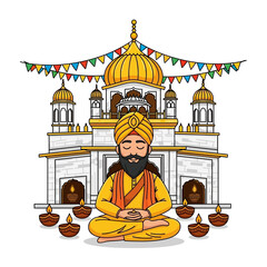 Sikh Man Meditating in Front of Golden Temple Illustration