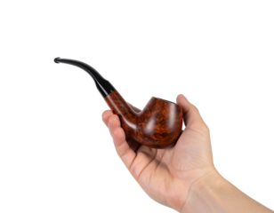 A hand holding a classic wooden tobacco pipe with a curved black stem and a marbled brown bowl, isolated on a light gray background.