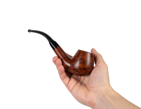 A hand holding a classic wooden tobacco pipe with a curved black stem and a marbled brown bowl, isolated on a light gray background. - Powered by Adobe