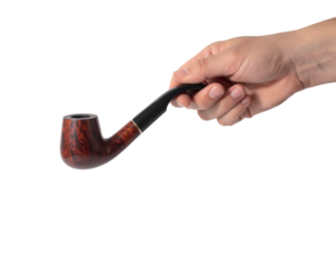 A hand holding a classic wooden tobacco pipe with a curved black stem and a marbled brown bowl, isolated on a light gray background.