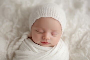 Newborn baby sleeping in white swaddle and bonnet