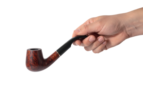 A hand holding a classic wooden tobacco pipe with a curved black stem and a marbled brown bowl, isolated on a light gray background.
