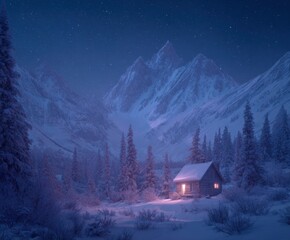 Cozy Cabin Retreat in Snowy Mountain Landscape at Night Under Starry Sky