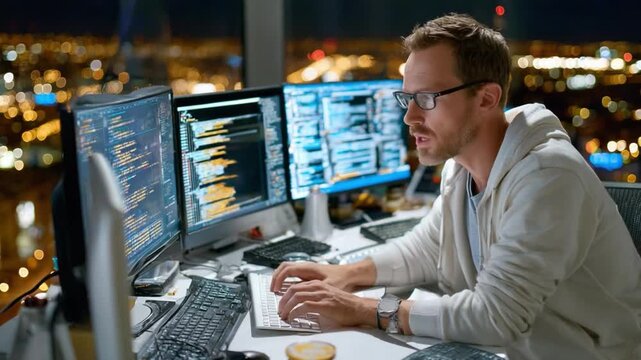 Tech Specialist in Action: A dedicated tech specialist engrossed in his work, illuminated by the city lights at night, surrounded by multiple computer screens, his focus sharp as he types.