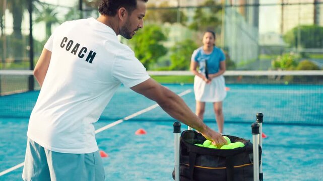 Padel, court and coach with woman, fitness and practice for challenge, training and lesson for sport. Coaching, tennis player and people with rackets for skill development, tournament and workout