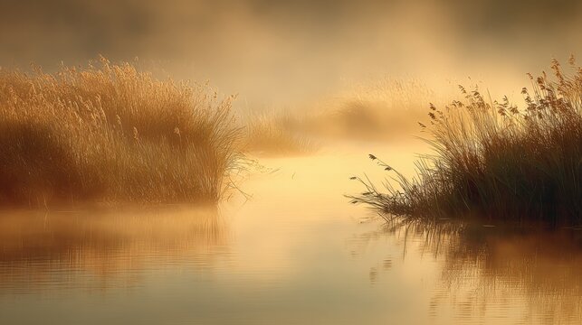 Serene Golden Sunrise Over a Misty Lake with Reeds and Tranquil Water Reflections