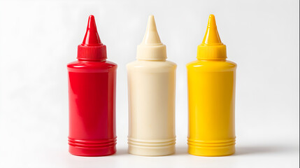 Colorful condiment bottles in red, yellow, and beige arranged on a clean white background