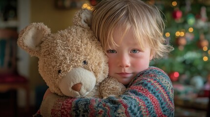 Child Embracing Teddy Bear in Festive Holiday Setting Depicting Childhood Comfort and Joy