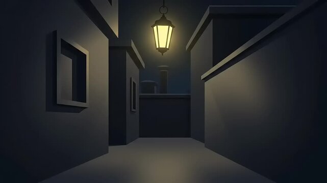 Dark, narrow alleyway illuminated by a single glowing lantern at night, creating a mysterious and quiet urban scene.