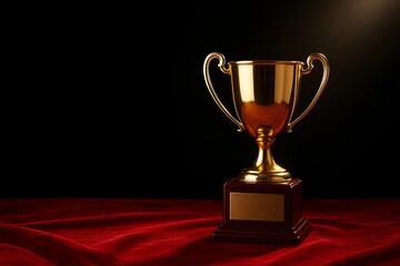 Golden trophy cup on wooden base red cloth