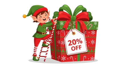 Christmas Elf with Gift: A cheerful Christmas elf, full of glee, is adorning a festive gift box, with a label offering a seasonal discount. it's the season for giving and joyous savings!