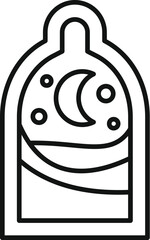 Simple line drawing of a night sky with a crescent moon and stars, viewed through a rounded window frame