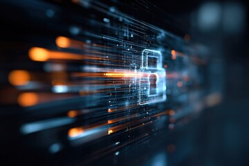 Dynamic digital lock against a backdrop of flowing data streams and glowing lights