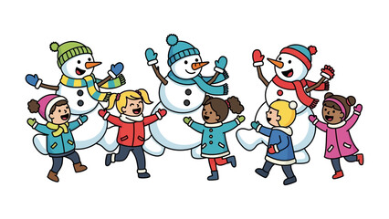 Winter Wonderland Revelry: A cheerful group of children and snowmen frolic and celebrate in a vibrant winter wonderland. capturing the joy and festive spirit of the season.
