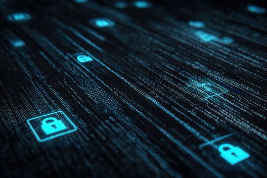 Digital code stream with lock icons representing cybersecurity and data protection in a virtual space - Powered by Adobe