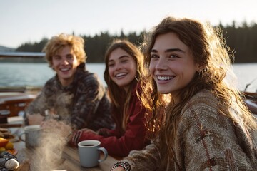Friends enjoy a cozy morning by the lake while sipping warm drinks and sharing laughter during a winter getaway