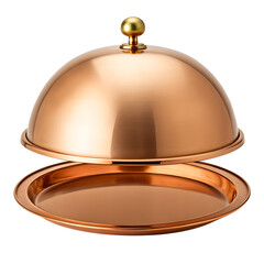 Shiny copper food cloche and tray isolated on transparent background