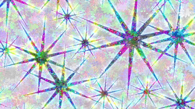 Bright multicolored star shapes overlap on a shimmering iridescent background creating a sparkling abstract pattern with rainbow hues and a festive magical atmosphere