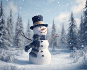 Obraz premium Whimsical Snowman in Winter Wonderland: Festive Holiday Scene with Snowy Forest and Cheerful Character