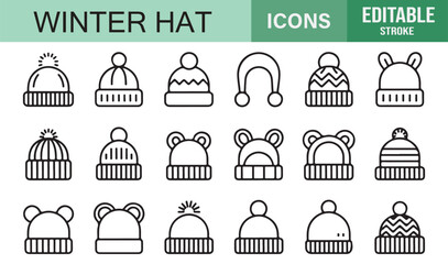 Fototapeta premium Fashionable Beanie and Pom Hat Outline Icons | Vector Editable Stroke for Apparel Branding