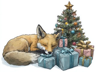 Obraz premium Cozy Christmas: Sleeping Fox Curled Up Beside a Decorated Christmas Tree with Festive Presents